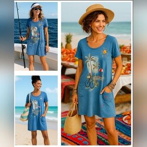 Jess & Jane Casual Blue Beach Washed Pockets Tee Shirt Dress Soft Comfy Vacation